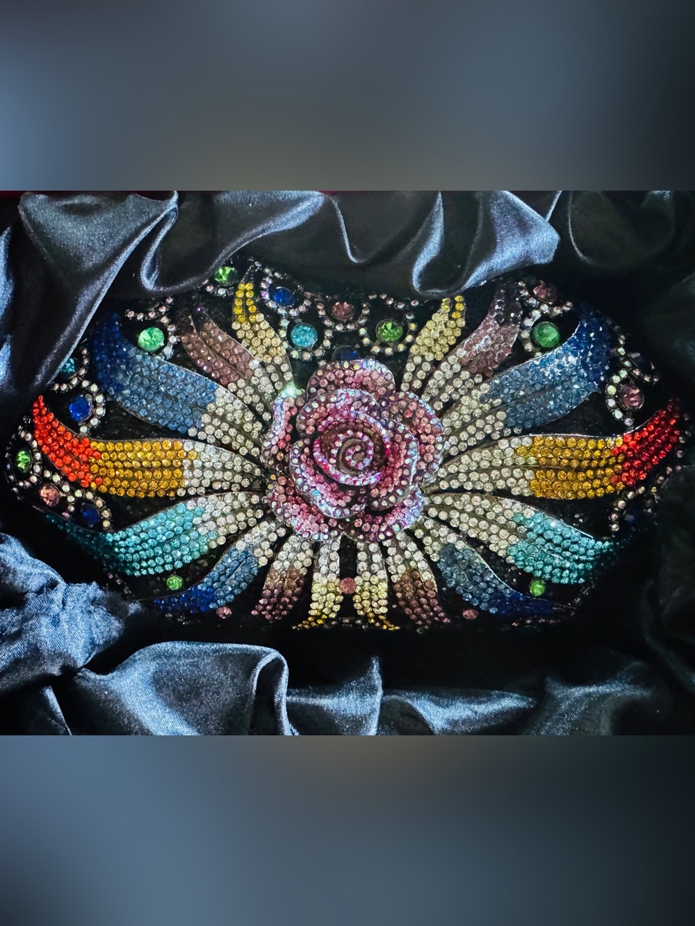 Crystal-Embellished Rose and Rainbow Color Vibrant sparkly Opera Clutch Bag